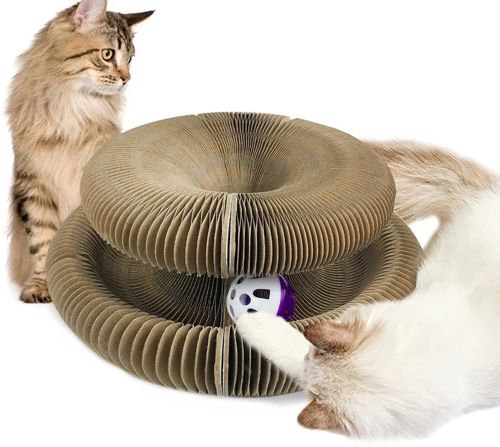 Когтеточка лежанка для кішок Cat Scratching Board 2 в 1 підлогова складна іграшка з м'ячиком для гри з гофрокартону, розкладний чарівний орган