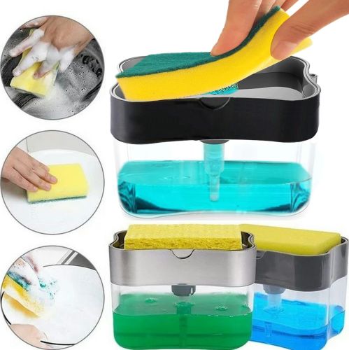 Кухонний диспенсер для губки Soap Pump Sponge Caddy, Натискний дозатор для рідкого мила з підставкою, Органайзер для мочалок з мильницею
