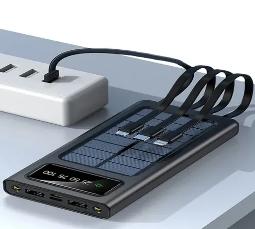 Зарядное устройство Power bank YM-485 Solar 10000 mAh c набором кабелей 4в1 Внешний аккумулятор на солнечной батарее Type-C MicroUSB Lightning