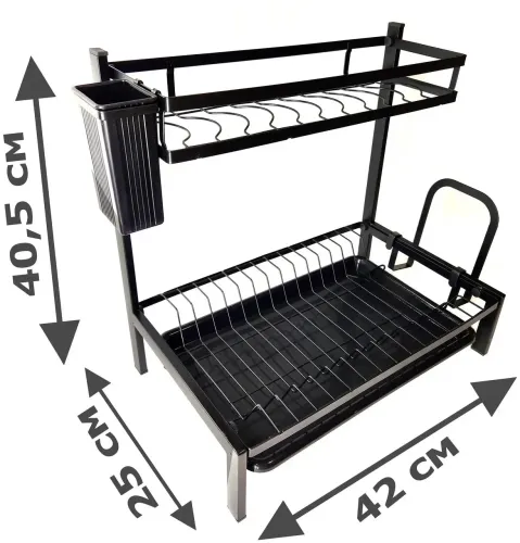 Металлическая двухъярусная сушилка органайзер Kitchen rack double deck MJ-4014 над раковиной, Стойка 2 яруса для сушки и хранения посуды с поддоном