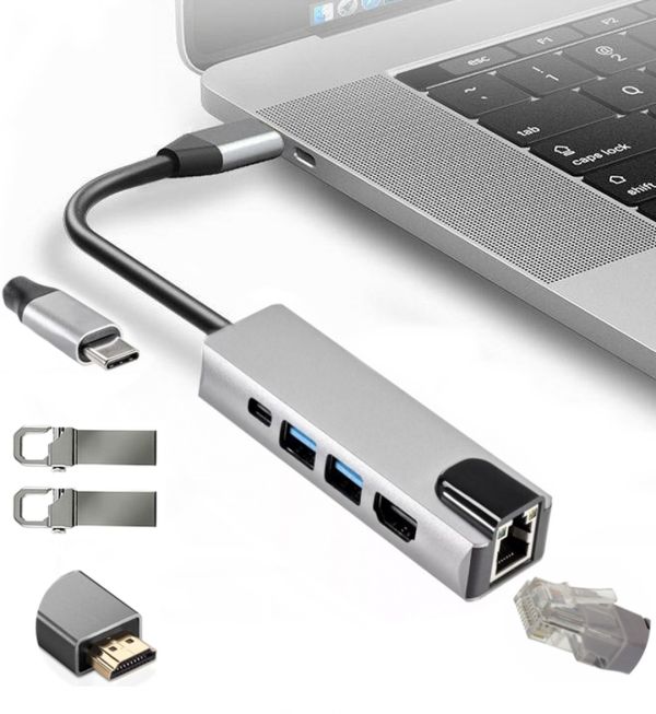 Мультифункціональний USB-хаб HOCO AC-500 Type-C на RJ45, HDMI, 2xUSB 3.0 адаптер, Ethernet LAN інтернет перехідник, конвертер XoKo HUB