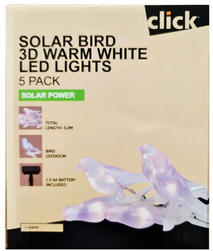 Садова гірлянда Garden Line SOL6063 3.2 м 5 LED ліхтариків на прищіпках, світильники Пташки Solar Bird 3D на сонячній батареї для саду Теплий білий
