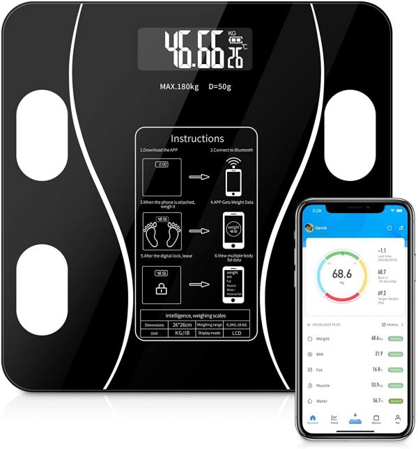 Електронні підлогові фітнес ваги Digital A-8003 Black до 180 кг c Bluetooth і додатком на телефон, чорні розумні смарт ваги з Led дисплеєм