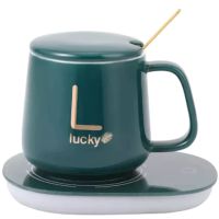 Подарочный набор керамическая кружка с крышкой и подставкой с подогревом Coffee Cup Lucky 400мл, Блюдце чашка и подогреватель для чашки с ложкой