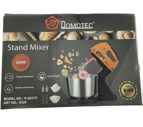 Стаціонарний занурювальний міксер з чашею на 2л Domotec R. 6637o з насадками для збивання тіста 250W, кухонний ручний електроміксер Домотек тістоміс