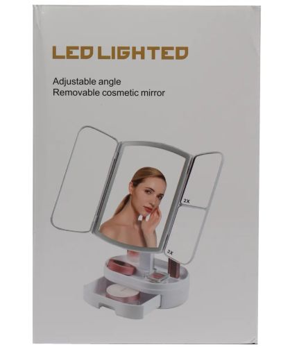 Настільне потрійне дзеркало Led Lighted WX-810 з підсвічуванням і органайзером для зберігання косметики, косметичне акумуляторне дзеркало зі збільшенням