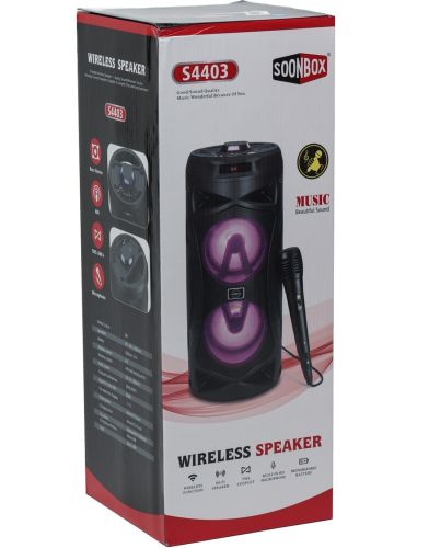 Бездротова Bluetooth колонка динамік SoonBox S4403 з LED підсвічуванням 10W і мікрофоном, акумуляторна блютуз акустика караоке USB SD FM AUX Чорна