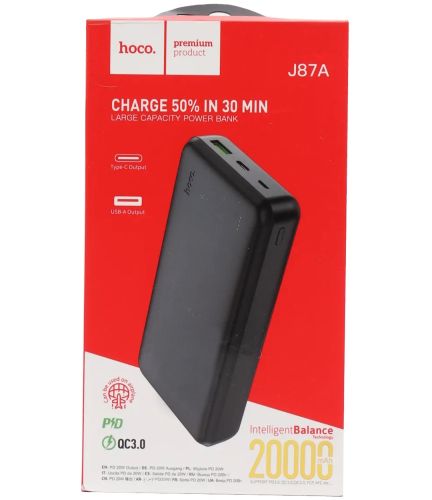 Зовнішній акумулятор з швидкою зарядкою Power Bank Hoco J87A 20000mAh PD20W + QC3.0(22.5 W), Портативна батарея повербанк Хоко з виходом Type-C Чорний