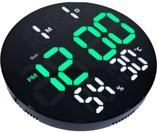 Електронний настінний годинник LED Wall Clock DS-3813L 26см з будильником і календарем, Цифровий круглий годинник зелений з білим на стіну від USB Чорні