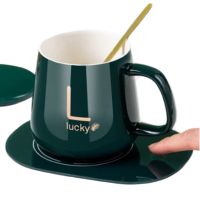 Подарочный набор керамическая кружка с крышкой и подставкой с подогревом Coffee Cup Lucky 400мл, Блюдце чашка и подогреватель для чашки с ложкой