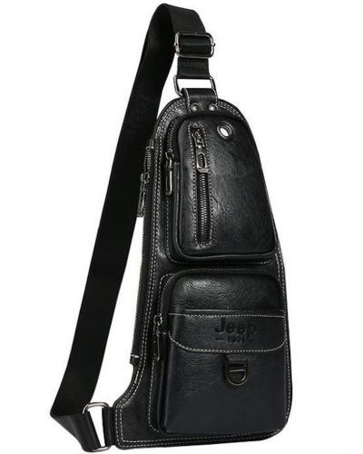 Мужская сумка рюкзак через плечо Jeep Bags 777 38х18 см нагрудная сумка бананка на грудь с отверстием для наушников из искусственной кожи Черная