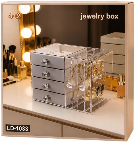 Шкатулка для зберігання ювелірних прикрас Jewelry Box LD-1033, акриловий органайзер із 6-секційними шухлядами для біжутерії та аксесуарів XL-1831