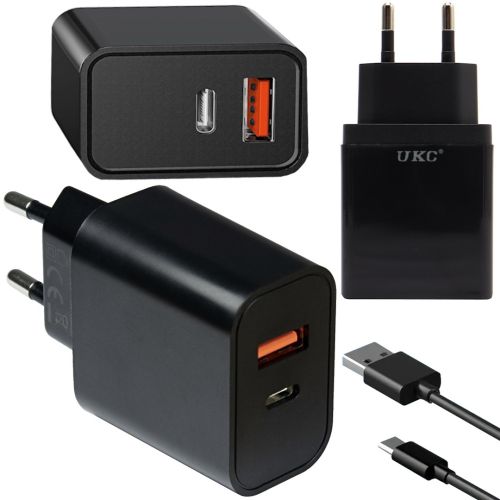 Мережевий зарядний пристрій Fast Charge USB Type-C UKC PD-889 Black блок живлення на 2 порти, адаптер зарядка для телефону смартфона Android Чорний