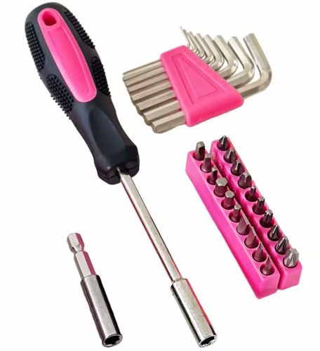 Жіночий набір інструментів Apollo Tools DT9706P 39 предметів, Універсальний комплект інструменту молоток викрутки плоскогубці плоскогубці ножиці ножиці біти Рожевий