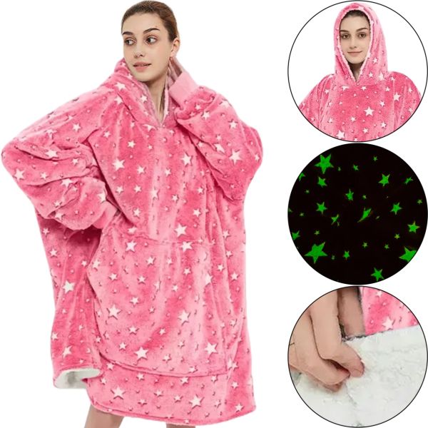 Світний дорослий худі толстовка Huggle Hoodie Stars Dream 2в1 унісекс оверсайз толстовка-плед з кишенею та капюшоном на флісі 126х180 Рожева, що світиться