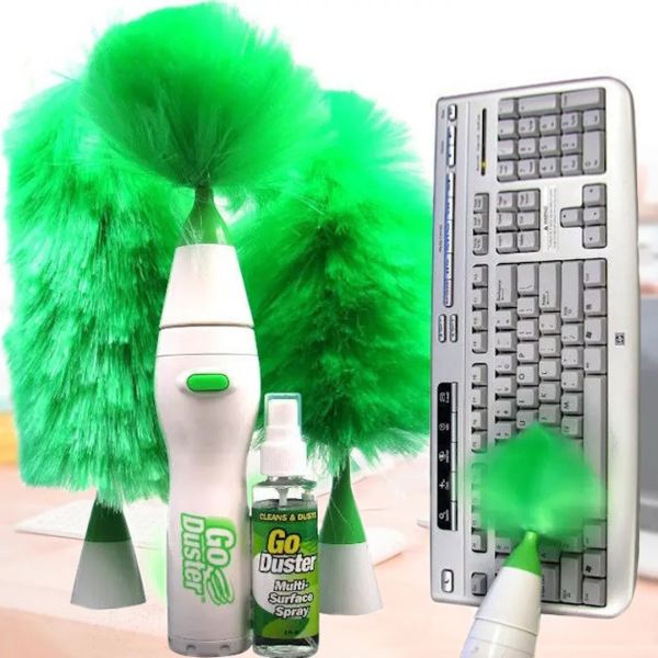 Обертова електрощітка Go Duster для видалення пилу 3 насадки щітка волоть для професійного прибирання на батарейках з насадками Гоу Дастер Зелена