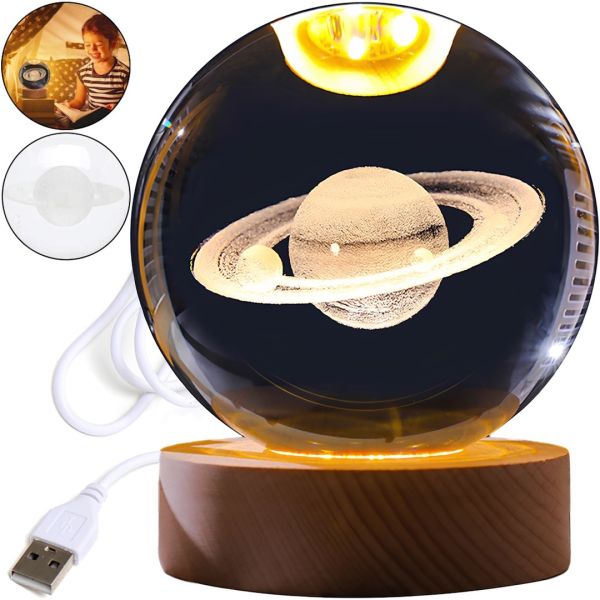 Кришталева куля-нічник Сатурн 3D Creative Visualization Lamp M-8062S світлодіодний LED нічник, Скляна куля світильник на акумуляторі від USB 