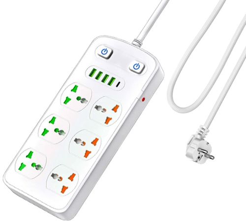 Мережевий фільтр Power Socket AR-CP05 2500W на 6 розеток 4 USB 1 Type-C 2 м подовжувач переноска з вимикачем для підключення приладів до мережі Білий
