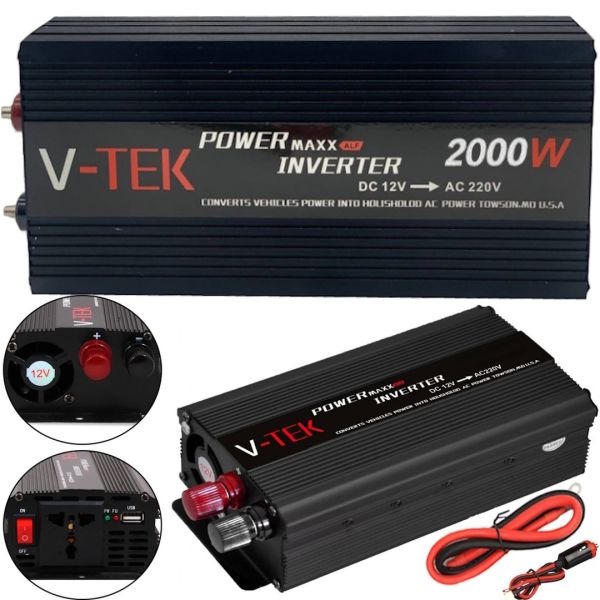 Автомобільний інвертор V-TEK PowerMaxx SSK-2000W 12V - 220V від прикурювача і акумулятора, Авто перетворювач напруги струму 12В 2000Вт, Чорний