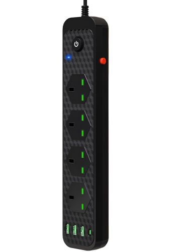 Мережевий фільтр Power Socket J02 3000w на 4 розетки 3 USB 3.4 A і 1 Type-C електричний Подовжувач переноска для підключення приладів до мережі Чорний