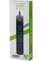 Мережевий фільтр Power Socket J02 3000w на 4 розетки 3 USB 3.4 A і 1 Type-C електричний Подовжувач переноска для підключення приладів до мережі Чорний