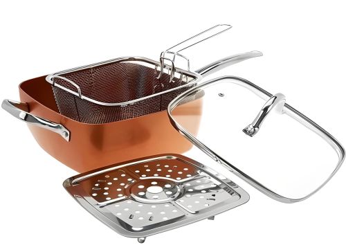 Универсальная сковорода Copper Cook Deep Square Pan Ampowar 24 см с фритюром и пароваркой с крышкой, Антипригарная сковородка фритюрница с дуршлагом