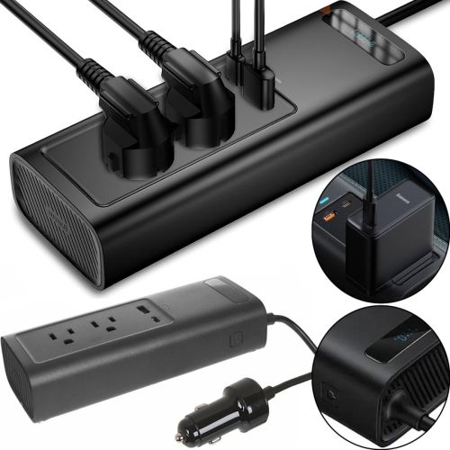 Автомобильный преобразователь напряжения с 12V на 220V Baseus RNBQ-A01 150W инвертор с быстрой зарядкой CN EU 2 розетки type-c USB от прикуривателя