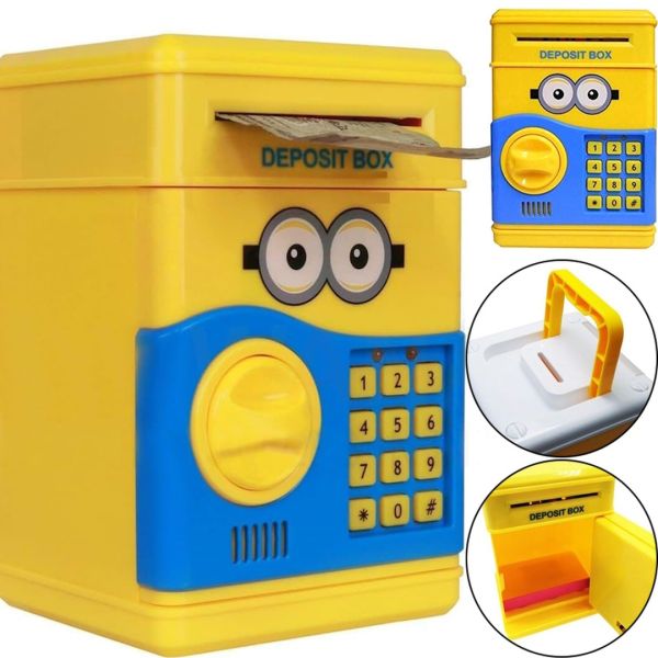 Дитяча електронна скарбничка сейф Minion з купюроприймачем для грошей з кодовим замком, електросейф міньйон з пін-кодом для купюр і монет Жовтий