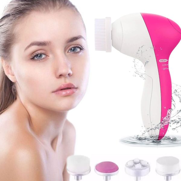 Електричний жіночий масажер для обличчя 5 в 1 Multifunction Face Cleaner AE-8782C 5 насадок, Масажна щітка зі змінними насадками на батарейках