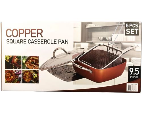 Универсальная сковорода Copper Cook Deep Square Pan Ampowar 24 см с фритюром и пароваркой с крышкой, Антипригарная сковородка фритюрница с дуршлагом
