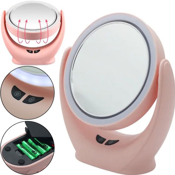 Настільне кругле Косметичне дзеркало Mirror Lamp YT-M513 з LED підсвічуванням і збільшенням для макіяжу, збільшувальне дзеркало на підставці Рожеве