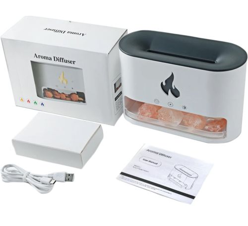 Настільний зволожувач повітря нічник з соляними каменями Docsal Flame Aroma Diffuser CAO з LED підсвічуванням 5W, соляна лампа аромадифузор Білий