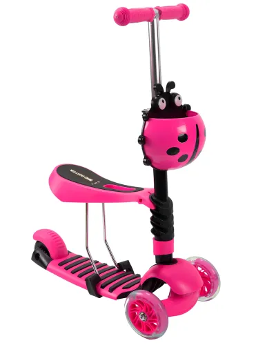 Трехколесный детский самокат беговел Scooter FYS-2864 Pink 5 в 1 со складным сиденьем, родительской ручкой и светящимися колесами для детей Розовый