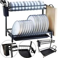 Металлическая двухъярусная сушилка органайзер Kitchen rack double deck MJ-4014 над раковиной, Стойка 2 яруса для сушки и хранения посуды с поддоном