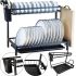 Металлическая двухъярусная сушилка органайзер Kitchen rack double deck MJ-4014 над раковиной, Стойка 2 яруса для сушки и хранения посуды с поддоном