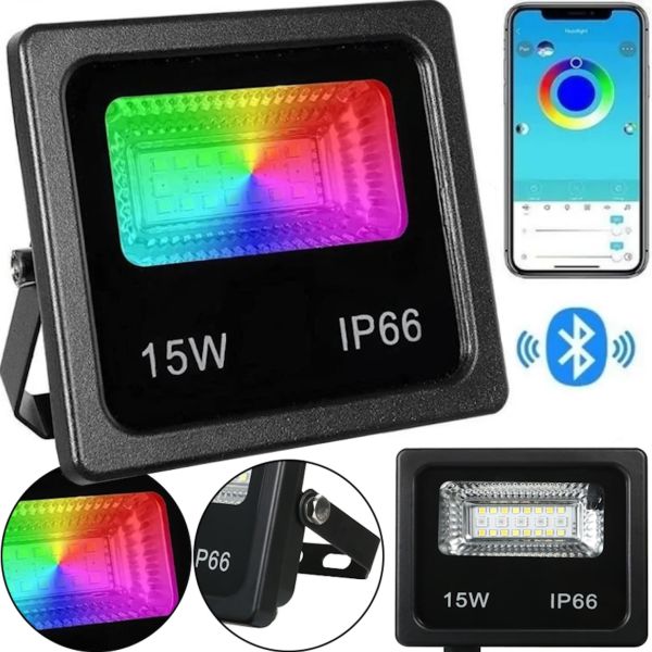 Уличный светодиодный прожектор RGB Flood LB-7980 Light с Bluetooth управлением от телефона, LED Фонарь 15W с монтажным креплением для освещения IP66 от сети