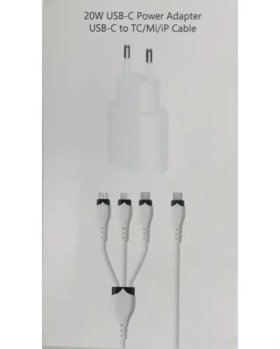 Універсальний зарядний пристрій 20W USB-З to TC/Mi/iP Cable Power Adapter + потрійний кабель 3 в 1, зарядний блок живлення 20 Вт для телефону