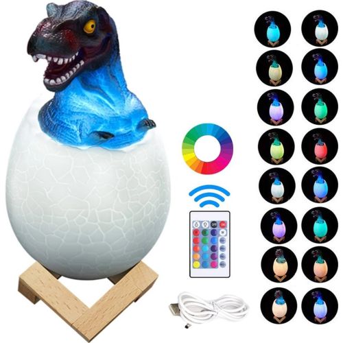 Дитячий настільний світильник Sunroz 3D Dinosaur lamp, Дитяча акумуляторна rgb лампа нічник динозавр в яйці на підставці 16 кольорів з пультом ДУ
