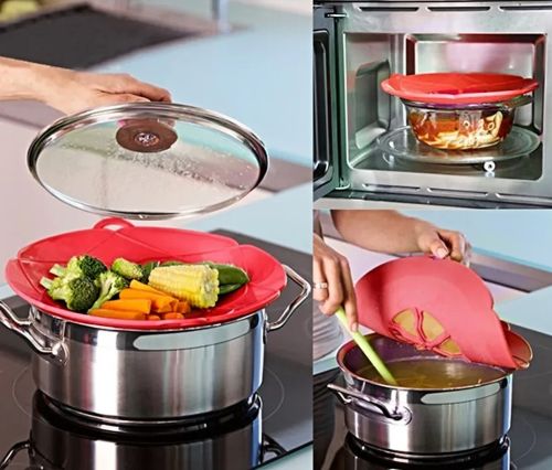 Силіконова кришка невикіпайка Spill Stopper Lid 28 см багаторазовий кухонний прилад на каструлю і сковорідку з захистом від википання води червоний