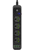 Мережевий фільтр Power Socket J02 3000w на 4 розетки 3 USB 3.4 A і 1 Type-C електричний Подовжувач переноска для підключення приладів до мережі Чорний