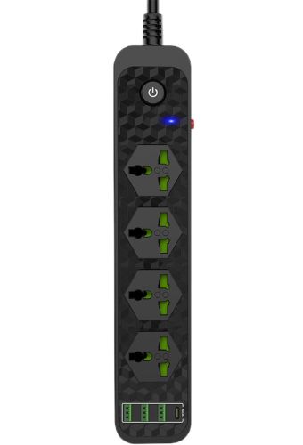 Мережевий фільтр Power Socket J02 3000w на 4 розетки 3 USB 3.4 A і 1 Type-C електричний Подовжувач переноска для підключення приладів до мережі Чорний