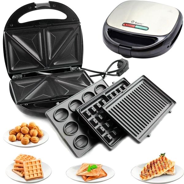 Сендвичница бутербродниця мультипекарь 4 в 1 Domotec MS-7704 1000W 4в1 сіра гриль, вафельниця, Горішниця 1000 вт