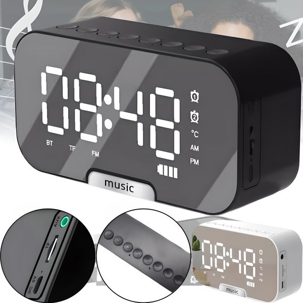 Дзеркальний годинник з колонкою Fleco BT Q5 Bluetooth з LED підсвічуванням і підставкою для телефону, блютуз колонка з годинником LS-Q5 з термометром