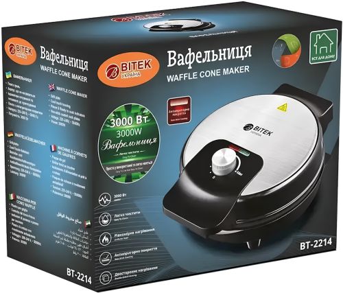 Электрическая вафельница Bitek BT-2214 для круглых вафель и тонких трубочек 3000W круглая электровафельница с антипригарным покрытием от сети Черная