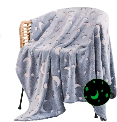 Дитячий світиться плед Magic Blanket Сірий 150х200 см, Плюш, місяць і зірки, покривало світиться День-Ніч, мікрофібра, флісовий люмінесцентний