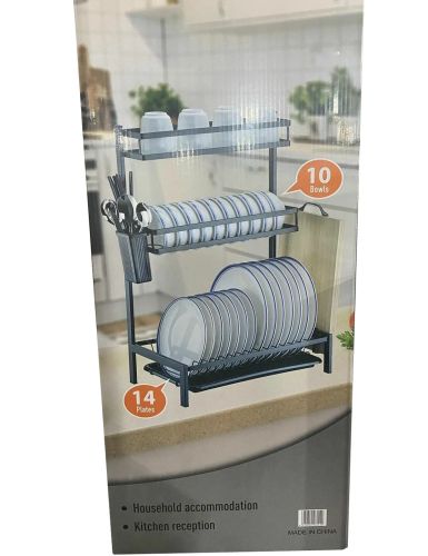 Металлическая двухъярусная сушилка органайзер Kitchen rack double deck MJ-4014 над раковиной, Стойка 2 яруса для сушки и хранения посуды с поддоном
