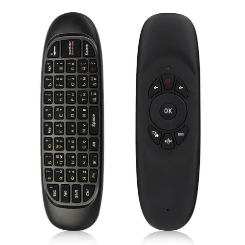 Беспроводная аэромышь C120 RuS с клавиатурой Air mouse с гироскопом, Универсальный USB пульт русская раскладка мини клавиатура на батарейках Черная