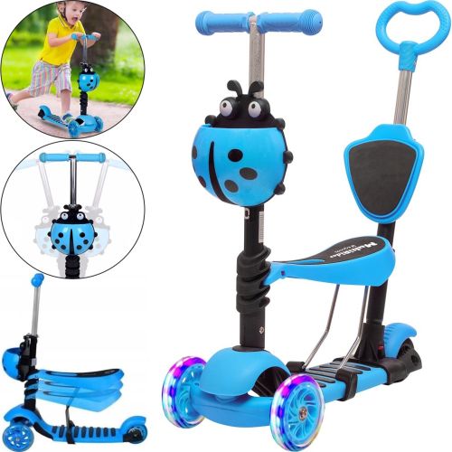 Триколісний дитячий самокат беговел Scooter FYS-2864 Blue 5 в 1 зі складним сидінням, батьківською ручкою і світяться колесами для дітей Блакитний