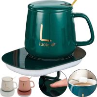 Подарочный набор керамическая кружка с крышкой и подставкой с подогревом Coffee Cup Lucky 400мл, Блюдце чашка и подогреватель для чашки с ложкой