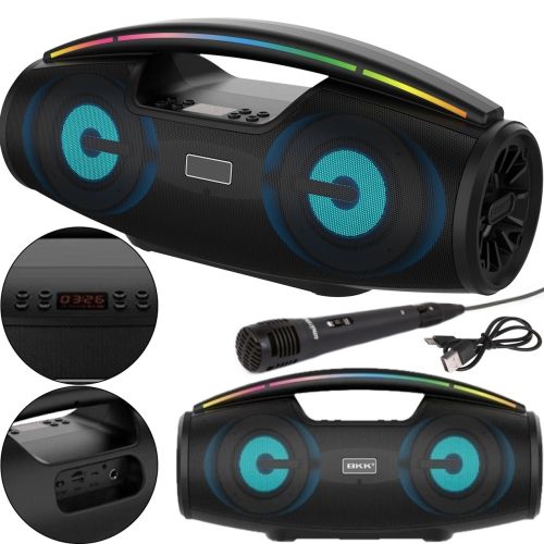 Беспроводная Bluetooth колонка динамик BKK B100 с LED подсветкой 20W с микрофоном, Аккумуляторная блютуз акустика караоке USB SD FM AUX Черная